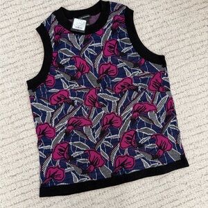 Club Monaco Navy, Black & Magenta Floral Knit Sleeveless Sweater Vest